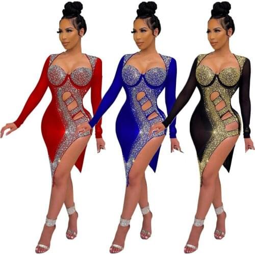 WUHE Patchwork Hot Drilling Diamond Bodycon Long Sleeve Mesh See Through Side High Split Nightclub Party Sexy Women Dresses