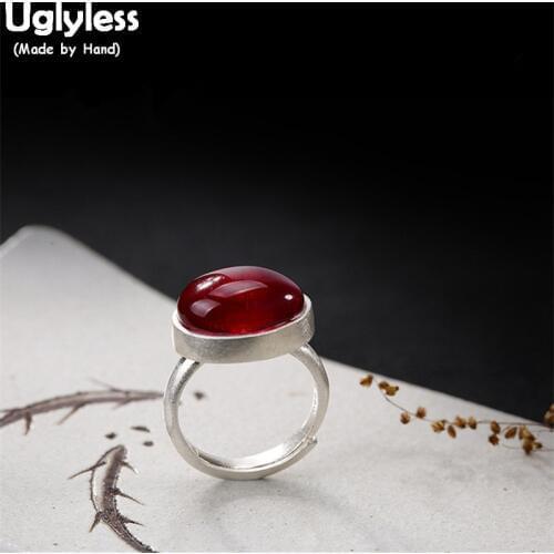 Uglyless Real 990 Silver Fine Jewelry Women Nature Red Corundum Rings Handmade Luxury Carnelian Finger Ring Evening Dress Bijoux