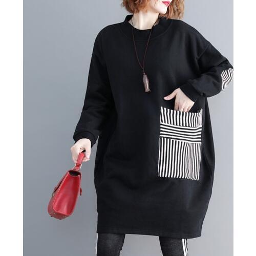 Johnature Solid Color Black Patchwork Striped Casual Loose Hoodies New 2021 Autumn Winter O-Neck Long Sleeve Women Hoodies