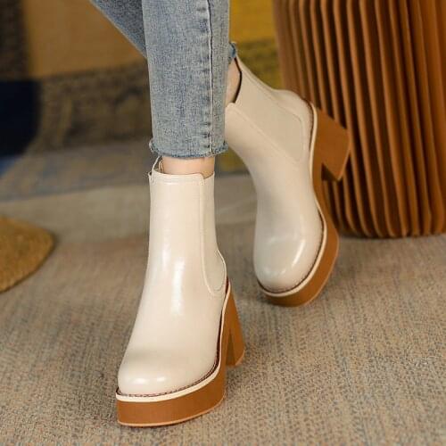 2021 Women Shoes Round Toe Chunky Heel Boots Women Leather Black Platform Women Boots Fashion 6cm Heels Solid Modern boots