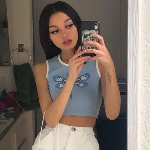 2021 Ladies Summer Sexy Midriff-baring Camisole Girls Creative Dragonfly Embroidery Round Collar Sleeveless Tops Slim Base Shirt