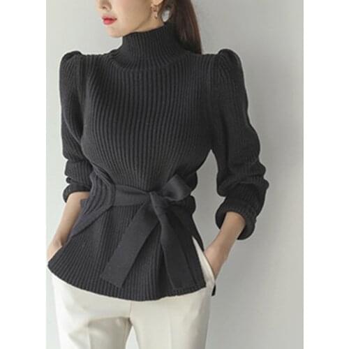New Knit Sweater Female Fashion Pullover High Collar Show Thin Waist Temperament Split Base Women Turtleneck Sashes Short Robe