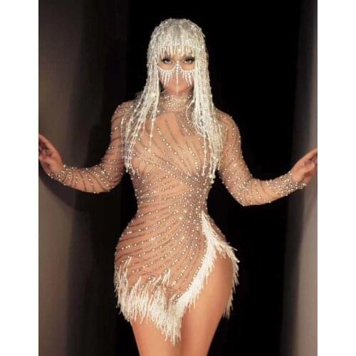 Rhinestone Pearls Mesh Perspective Party Dress Women Sexy High Slit Birthday Prom Bodycon Dress Nightclub Dancer Stage Costumes