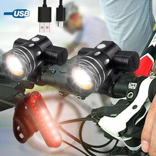 2 Pcs USB Rechargeable Bike Front Light T6 LED Zoomable Headlamp Cycling Headlight Waterproof MTB Road Bike Tail Light Back Lamp