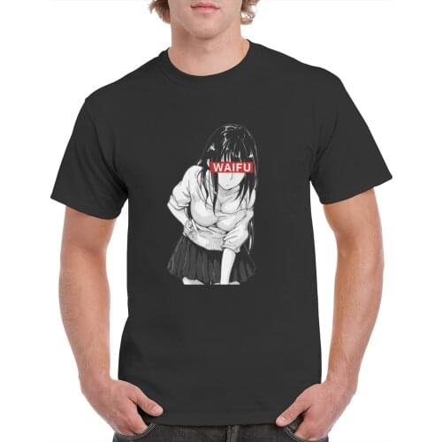 Anime Waifu Material Funny Hentai Anime Black T-Shirt Summer Short Sleeve Hip Hop Tee T Shirt Top Tee Male Funny Cotton Tops
