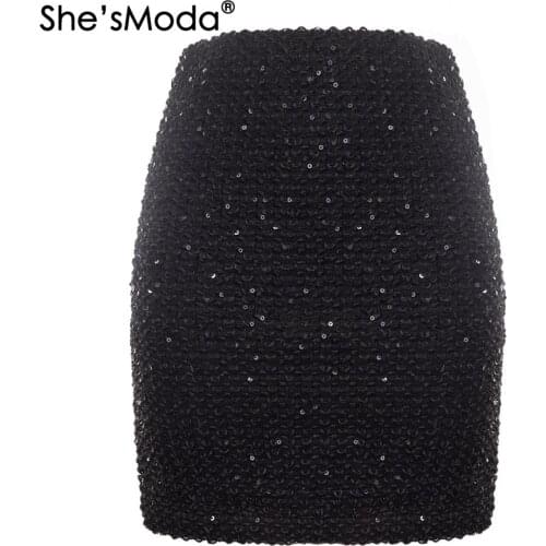 ShesModa Sequins Bandage Womens Party Strong Spandex Pencil Straight Bachelorette Mini Skirt Plus Size
