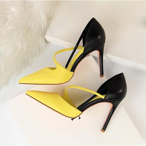 New Women Summer 9.5cm High Heels Sandals Sexy Yellow Fetish Strap Red Stripper Pumps Female Scarpins Valentine Hollow Shoes