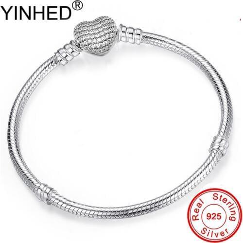 YINHED Fashion DIY Pan Bracelet Bangle Original 100% 925 Sterling Silver Heart Clasp Snake Chain Fit Bead Bracelet Jewelry ZB038