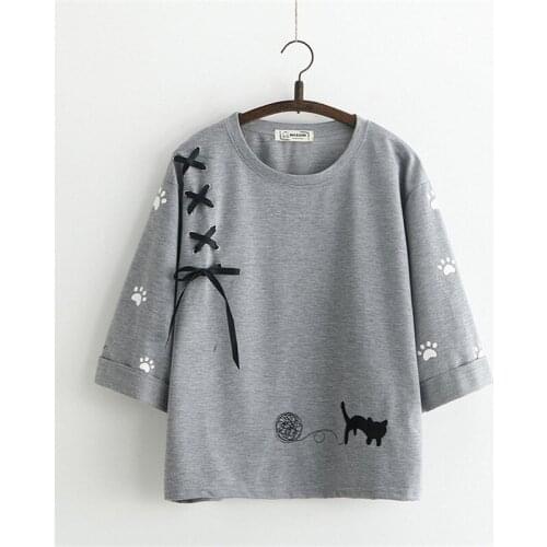 Summer Japanese Women Kawaii Cat Bandage Cross Bow T Shirt Mori Girl Cute Embroidery Female Tee Tops Casual Loose T-shirts
