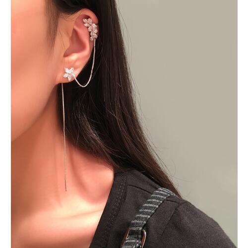 FXLRY New Fashion White color Micro-Inlay Zircon Small flower ear line flower ear chain long earrings for women Jewelry