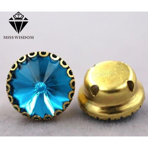 Hot selling Lake Blue Round shape glass crystal sew on rhinestones gold base lacy claw rhinestone Diy clothing accessories
