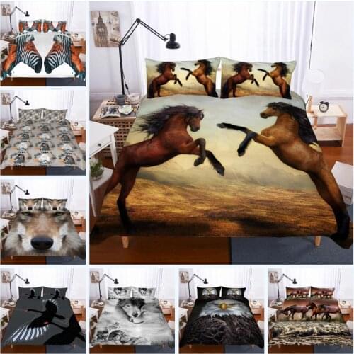 Animals Bedding Set Horse Duvet Cover Blue Bedspread Wild Animals Quilt Cover with 2 Pillow Case 3-Piece