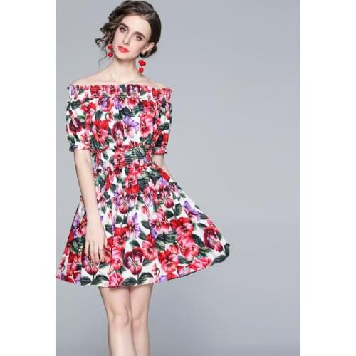 Summer Runway Puff Sleeve Rose Floral Print Short Dress Women Off Shoulder Elastic Waist Party Robe Beach Boho Dress k8683