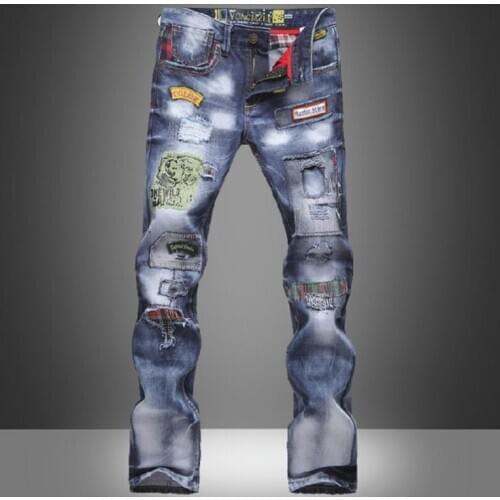 Fashion Torn Mens Jeans Patched Holey Washed Words Straight Leg Fitted Blue Jeans Hip Hop Pants