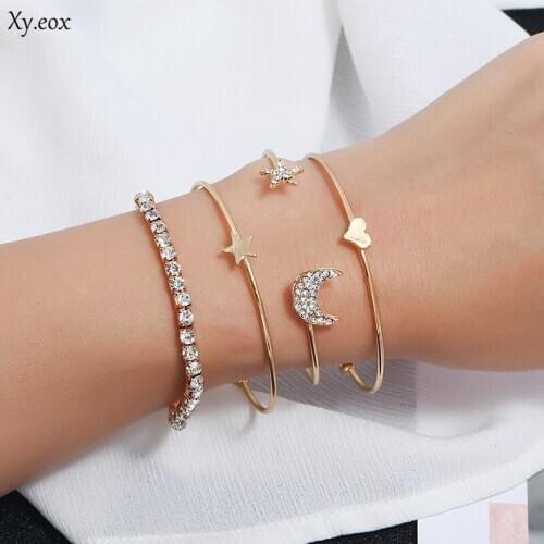 New fashion jewelry gold color 4pcs/set Love Heart Moon Star Heart Crystal Bracelet Party Jewelry Bracelet set best gifts