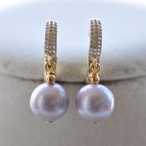 P7691 Natural Pink Lavender 12mm Round Edison Keshi Pearl Dangle Earring CZ