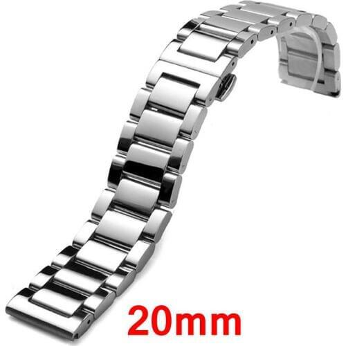 20mm Silver Solid Link Stainless Steel Wrist Watch Band Deployment Buckle With Push Button Strap Bracelet Men Women GD013820