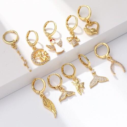 Angel Earrings for Women Gold Geometric Dangle Earrings Micro Pave Zircon CZ Copper Paired Earring Trendy Punk New Fashion 2021