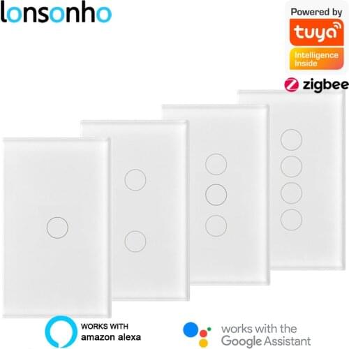 Lonsonho Tuya Zigbee Smart Switch US 1 2 3 4 Gang With Neutral Wire Touch Panel Light Switch Alexa Google Home Compatible