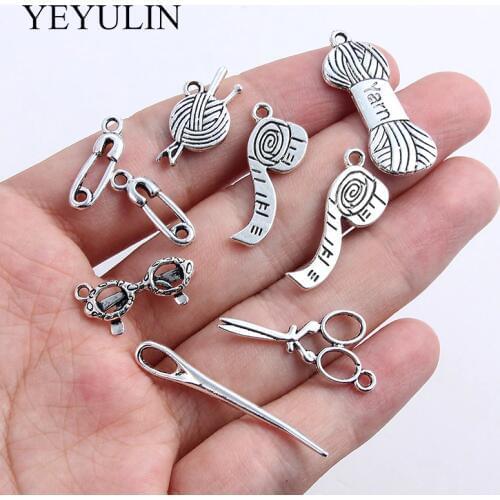 Mix Jewelry Diy 20pcs Tibetan Silver Charms Knitting Yarn Ball Wool Ruller Needle Pendants For Necklace Bracelet Key Ring Making