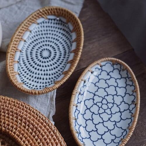 Rattan Porcelain Splicing Plate Handmade Fruit Dessert Ceramic Plates Home Storage Dishes Oval Trinket Dish Eco Friendly Product