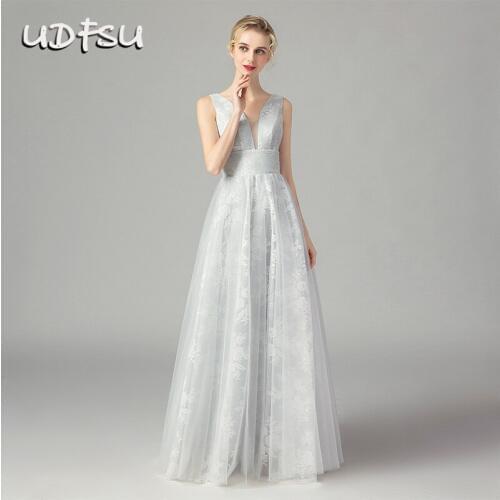 UDFSU Women V-Neck Vintage Tulle Evening Dress Backless Elegant A-Line Dresses Floor Length Off Shoulder Gowns