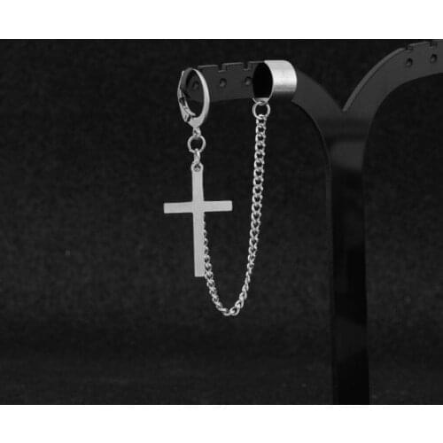 Stainless Steel Ear Cuffs Dangle Chain Earrings Cross Star Pendant Ring Hoop Set D5QB