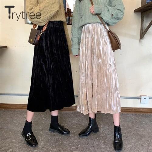 Trytree 2020 Autumn Winter Casual Woman Skirt Shinny Corduroy Elastic Waist A-line Wave Texture Solid Mid-Calf Office Lady Skirt