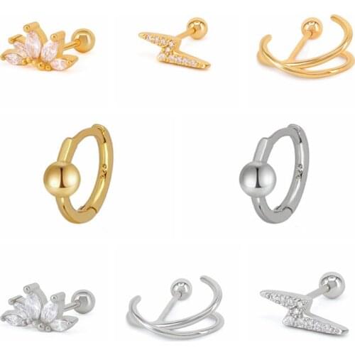 1PC Ear Piercing Jewelry 925 Sterling Silver Cartilage Earring Crystal Crown Lightning Helix Ear Cartilage Earring Piercing