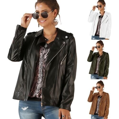 Long Sleeve Zip Leather Jacket Black Brown White Army Green Solid Color Leather Coat Women Leather Jacket
