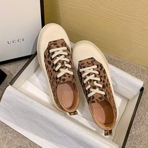 Women shoes New Korean version of leopard print suede biscuit shoes wild thick-soled casual shoes lace-up canvas shoes tide