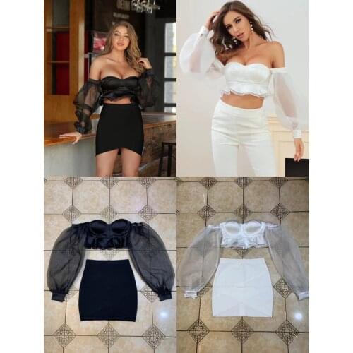 New Bandage Set 2021 High Quality Black White Sexy Long Sleeve Women Two Pieces Outfit Elegant Celebrity Night Party Wear Dress
