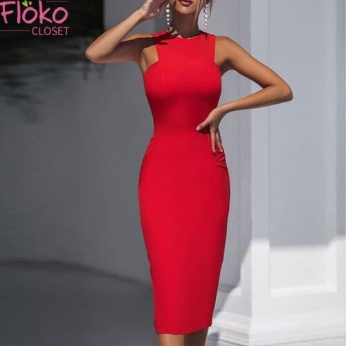 Flokocloset Sexy Slim Sleeveless Split Long Bodycon Pencil Dress Office Lady Summer O-Neck Solid Party Work Maxi Dresses