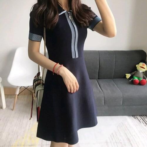 Color Block Patchwork Fit Flare One Piece Knitted Dress Short Sleeve Zip Up Elegant Good Quanlity Robe Vestido