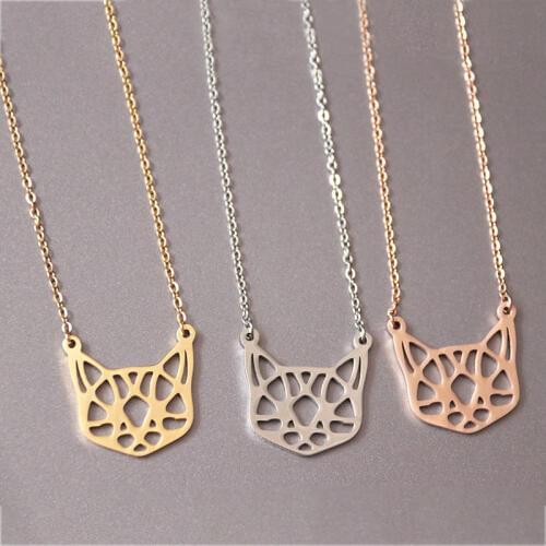 10pc/Lot Origami Cat Head Pendant Stainless Steel Collar Necklaces Little Hollow Cats Animal Lovers Jewelry Accessories Anime