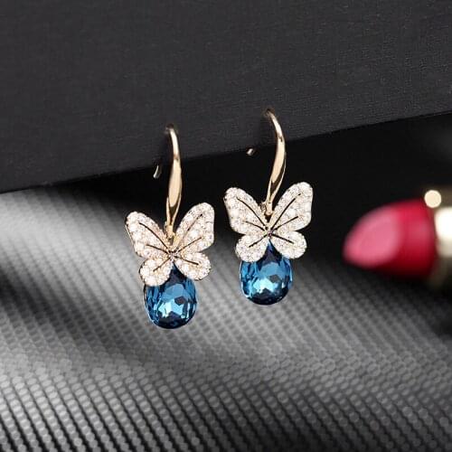 2021 Elegant Purple and Blue Crystal Water Drop Dangle Earrings Summer Jewelry Butterfly Earring Accessories Korean Trendy