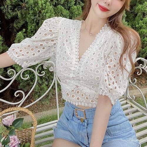 2021 V-neck Hollow Out Flower Sexy Blouse New Korean Sweet Bubble Short Sleeve White Shirt Summer Lace Short Women Tops 14587