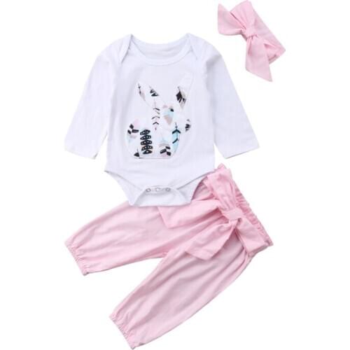 2020 0-24M Newborn Kid Baby Girl Clothes Infant Bunny 3pcs Rabbit Animal Print Bodysuit Tops Big Bow Pants Headband Outfits Set