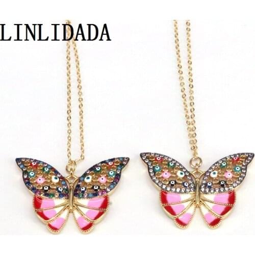 5Pcs Fashion Jewelry Women CZ Enamel Butterfly Charm Pendant Necklace Gold Color Metal Chain Necklaces