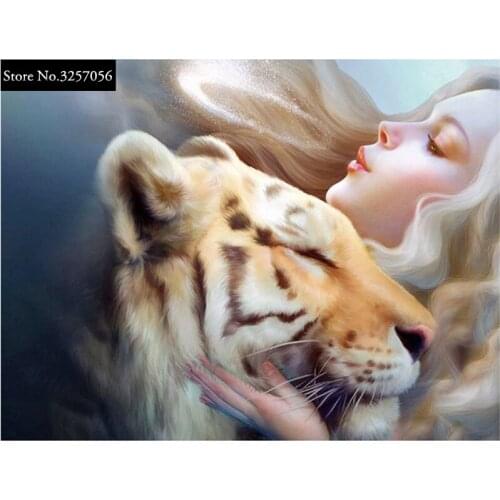 5D Diy Diamond Painting Beauty and Tiger Cross Stitch Diamond Embroidery Crystal Round Diamond Mosaic Pictures Home Decoration