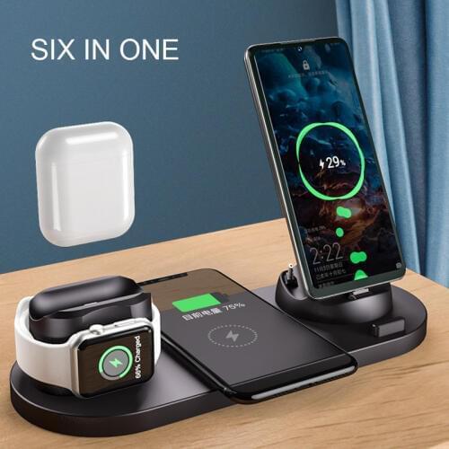 6 in 1 Wireless Charger 10W Qi Fast Charger for iPhone Airpods QC 3.0 Fast Charging Stand for Apple Watch Charger Dock Station