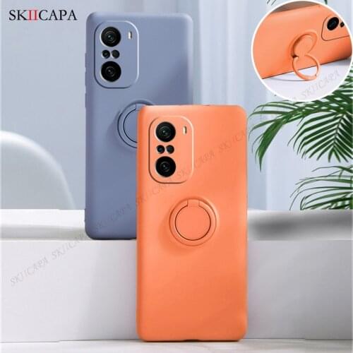 Liquid Silicone Ring Holder Phone Case For Xiaomi 11 Ultra 11 Pro POCO F3 10T Soft Wrist Strap Cover For Redmi K40 K30 Note 9 9T