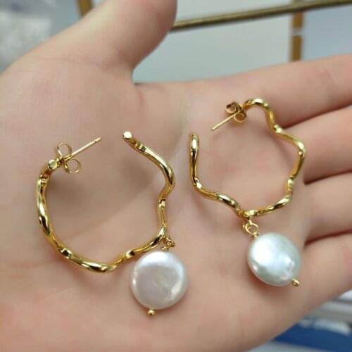 Designer real gold plated earrings hoop with natural baroque pearl pendant