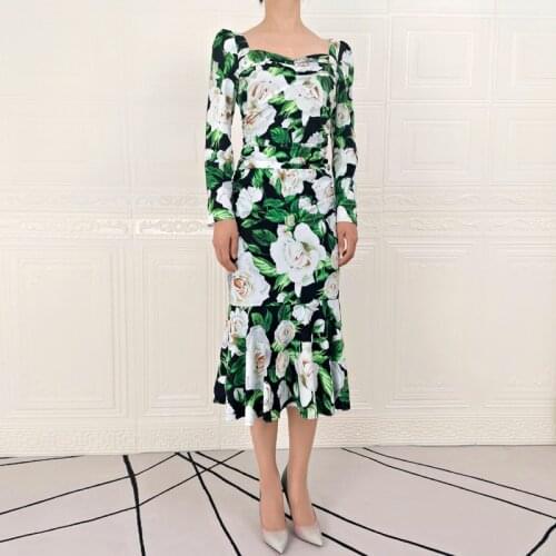 Designer Slim Print Green Mermaid Midi Dress Runway High Quality Autumn New WomenS Party Casual Outing Vintage Elegant Chic