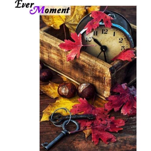 Ever Moment 5D DIY Full Square Drill Diamond Painting Clock Key Red Maple Leaf Old Memory Beautiful Diamond Embroidery ASF968