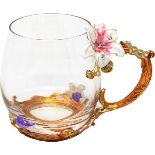 Coffee Mug with Novelty Enamle Charming Flower Design Glass Cups Individual Gift Box Package Perfect Mothers Gift