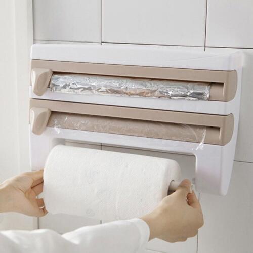 4-in-1 Multi-function with Cutter Racks Wall-Mount Paper Towel Holder Plastic Wrap Foil Dispenser with Spice Rack