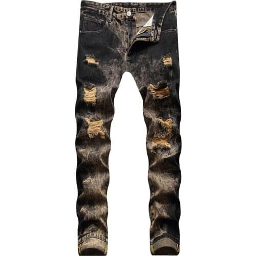 Mens Holes Ripped Denim Jeans Streetwear Vintage Retro Black Gradient Color Straight Pants Distressed Washed Trousers
