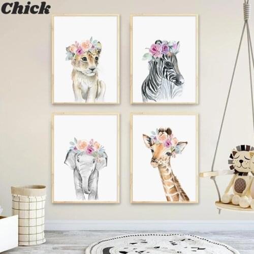 Flower Animal Canvas Poster Lion Zebra Elephant Giraffe Nursery Wall Art Print Painting Wall Pictures Kids Baby Bedroom Decor