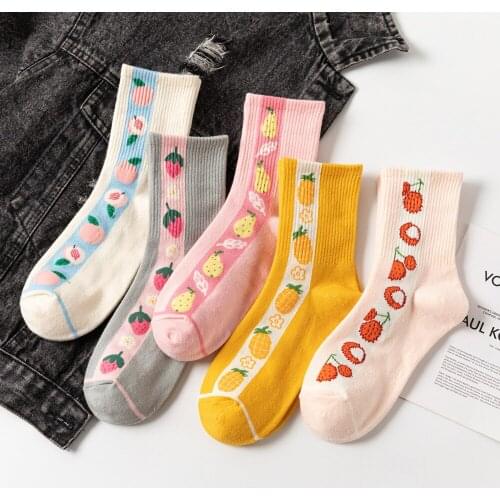 OMEA Fruit Strawberry Socks Girls Cute Yellow Socks Breathable Peach Lemon Litchi Casual Socks Women Cotton Middle Tube Fashion